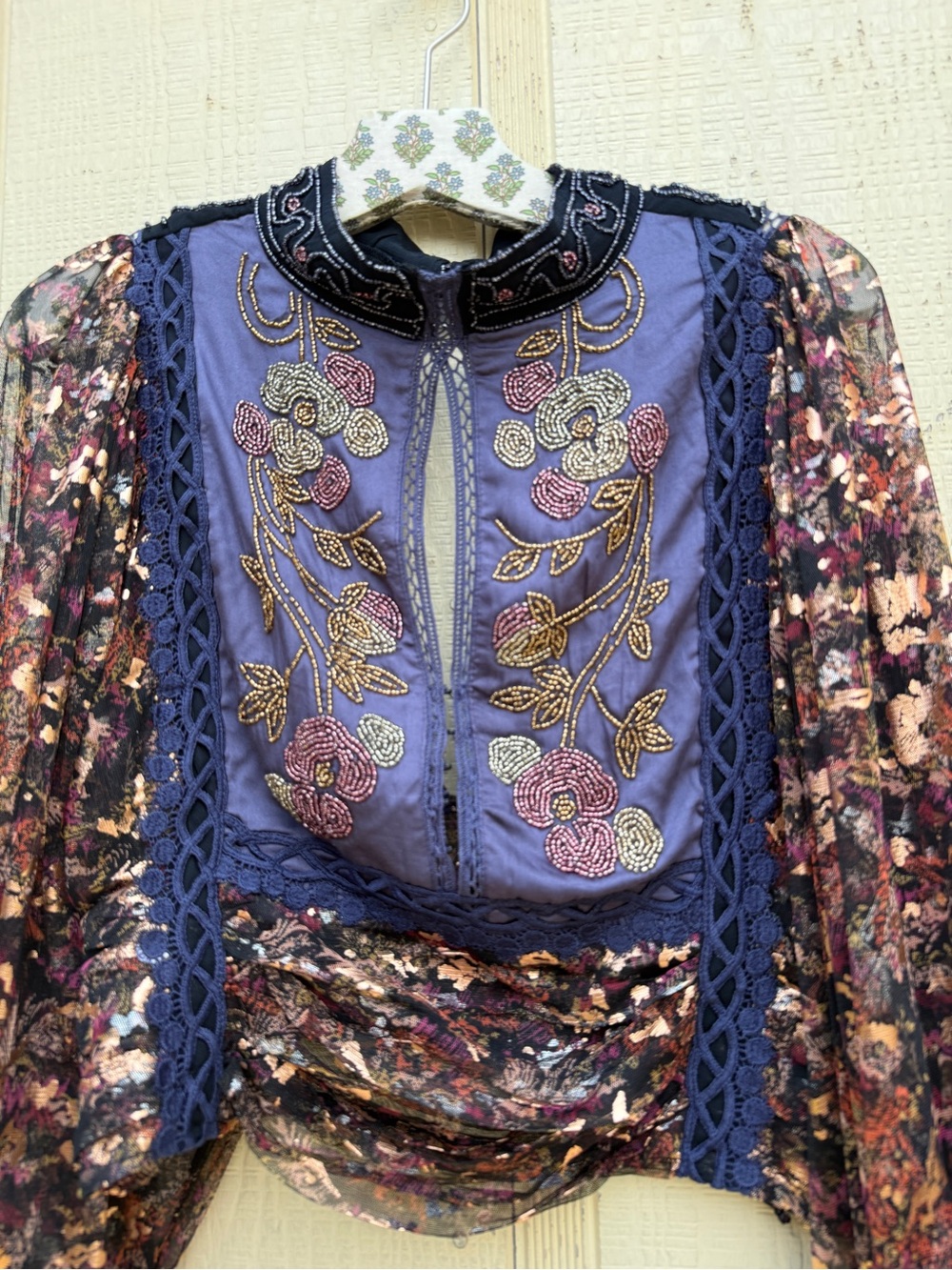 Free People Camille Beaded Crochet Mesh Metallic Cropped Top Boho Maximalist - Picture 3 of 5